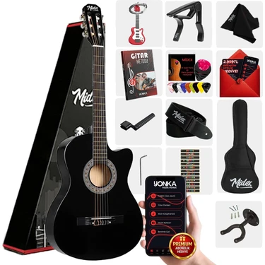 Midex CG-390BK-XBAG Siyah Klasik Gitar 4/4 Sap Ayarlı Kesik Kasa Full Set (Çanta Tuner Askı Capo