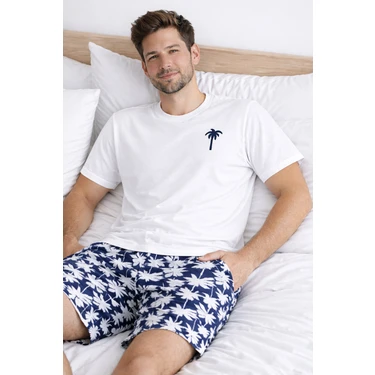 Koza İç Giyim Erkek Pamuklu Kısa Kollu Palmiye Desenli Cepli Şortlu Pijama