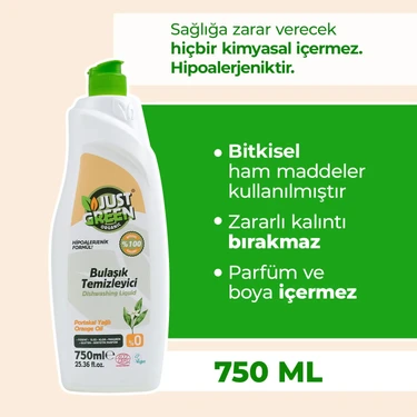 Just Green Organic Bitkisel Elde Bulaşık Deterjanı Portakal Yağlı - %100 Doğal Ve Ferah Temizlik