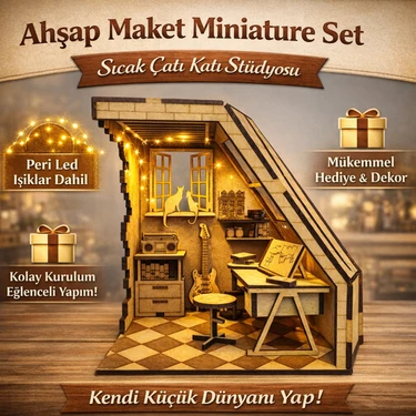 Algwood Ahşap Çatı Katı Miniyatür Maket Seti – Peri LED Işıklı Dekoratif Hobi, Dekor ve Hediye