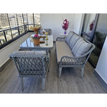 Tu Tienda Kaş 3+1+1+Masa Rattan Bahçe Balkon Mobilyası,RATTAN GRİ / KUMAŞ