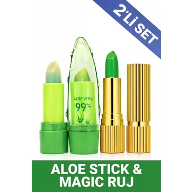 Synee Aloe Vera %99 Nemlendirici Dudak Balmı & Sihirli Renk Değiştiren Yeşil Ruj - 2'li Bakım