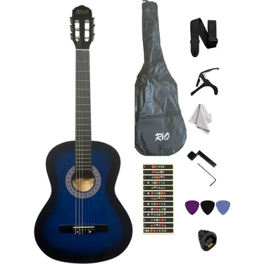 Müzikhane 4/4 Tamboy Klasik Gitar Seti Mavi Renkli Akustik Performans ve Ayarlanabilir