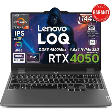 Lenovo LOQ AMD Ryzen 5 7235HS 16GB 512GB SSD RTX4050 Freedos 15.6" FHD 144Hz Oyuncu Taşınabilir