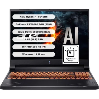 Acer Nitro ANV16-41 AMD Ryzen 7 8845HS 32GB 1TB SSD RTX4060 Windows 11 Home 16'' 165Hz Taşınabilir