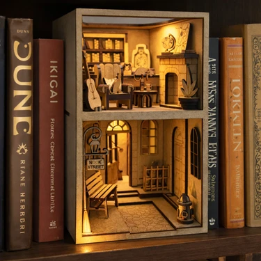 Algwood Nook Street Book Nook Ahşap Maket – Işıklı Kitaplık Arası Mini Sokak Diorama-3d Ahşap