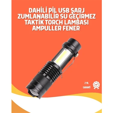 K-Yonlineticaret Şarjlı LED El Feneri - 14500 Pil Dahil, 4 Işık Modu, Mini