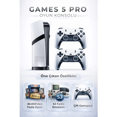 Seyutech Games 5 Pro Kablosuz Çift Kol Oyun Konsolu Uyumlu 4k-Hdmı 53 Emulatör 30000 Oyunlu 2.4g