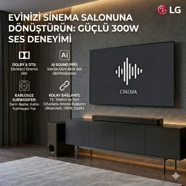 Lg Evde Sinema Keyfi Için 300W Güçlü Ses Sistemi 2.1 Kanal Kablosuz Bas Kutusu HDMI Arc ve Optik