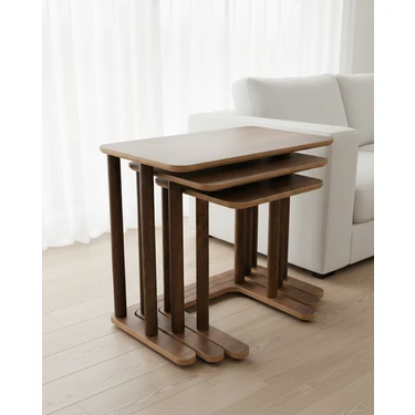 Cmd Wood Ceviz Renk Modenza Zigon Sehpa – Modern 3’lü Sehpa Seti Ahşap Görünümlü Minimal Tasarım