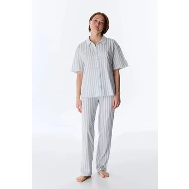 Penti Mavi Cozy Club Pamuklu Çizgili Gömlek Pantolon Pijama