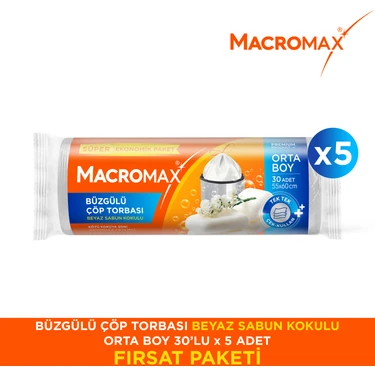 Macromax Büzgülü Çöp Torbası Beyaz Sabun Kokulu Orta Boy 5 Paket 150 Adet Kokulu Çöp Poşeti Büzgülü