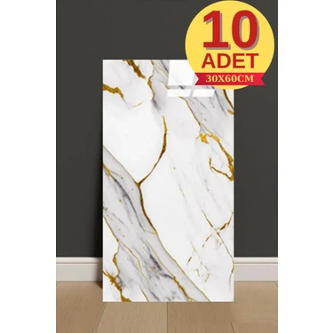 Renkli Duvarlar 10 Adet 30X60cm Gold Naturel Mermer Desen Yapışkanlı Köpük Duvar Paneli Kağıdı