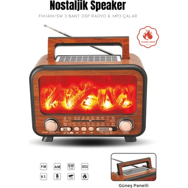 Kensa Güneş Enerjili Nostaljik Alev Efektli Şömine Tasarım Bluetooth Hoparlör