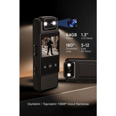 Kensa Mini Vücut Kamerası – 1080P Hd Video, Fotoğraf, Ses Kaydı, Hareket Sensörü ve 180° Döner Lens