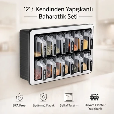 Eba Home Standlı 12 Li Kendinden Yapışkanlı Kaşıklı Kapaklı Baharatlık Takımı-Etiketli Kulplu Baharatlık — Hepsiburada ürün görseli