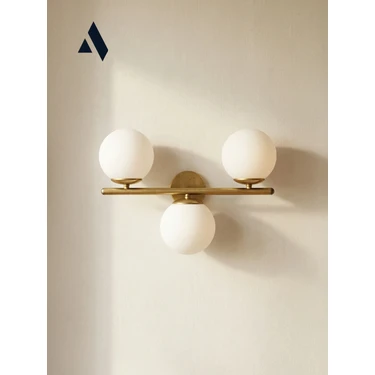 Alldesco Trivon Üçlü Cam Aplik – Beyaz & Bal Renk Seçenekli, Gold Metal Gövde | Modern Duvar