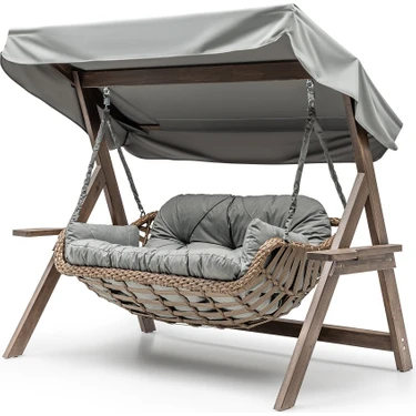 Hier Bafra Swing Ahşap Rattan Salıncak Dış Mekan Bahçe Balkon ve Teras