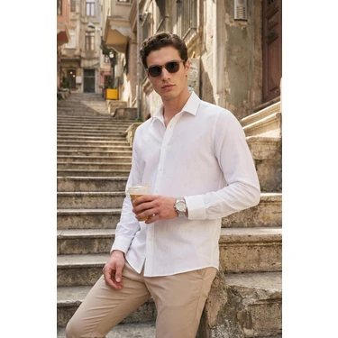 Buratti Pamuk ve Keten Karışımlı Regular Fit Klasik Yaka Uzun Kollu Gömlek Erkek Gömlek