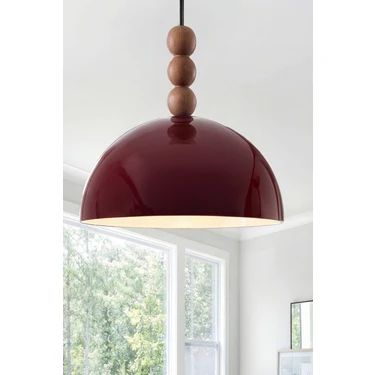 Marrien Luna Bohem Ahşap 3 Boncuklu Bordo Metal Sarkıt (30 cm) Yemek Masası Üstü Avize Salon