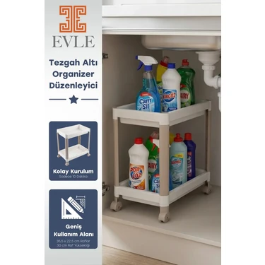 Evle 2 Katlı Tekerlekli Tezgah Altı Raf Düzenleyici Organizer, Banyo Lavabo Altı Düzenleyici