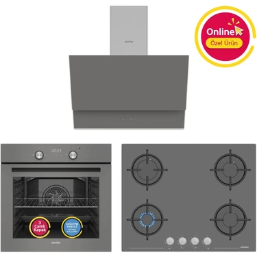 Simfer Ankastre Set Gri Dijital Power Turbo Fanlı Cam Ocaklı 3'lü Set (Fırın + Ocak +