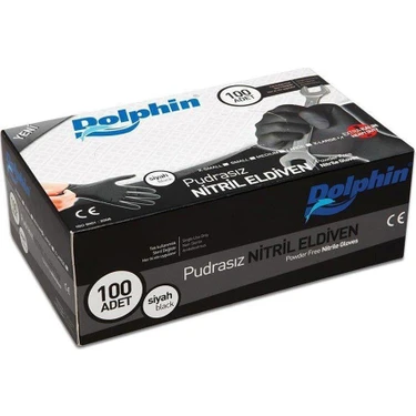 TELHA Dolphin Siyah Nitril Eldiven Pudrasız XL 100 Adet Dayanıklı Kullanım İçin