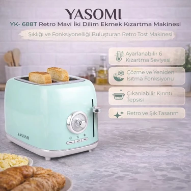 Yasomi YK-688T Retro Mavi Iki Dilim Ekmek Kızartma