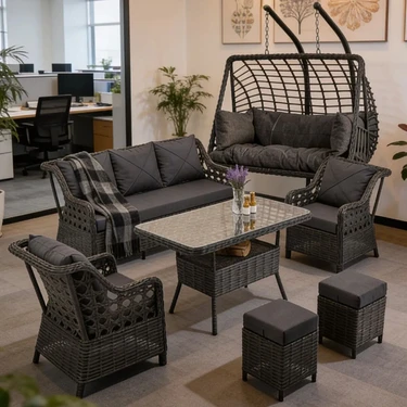 Btk Concept Datça 7 Kişilik Rattan Bahçe Mobilyası ve 2 Kişilik Rattan Salıncak Seti -