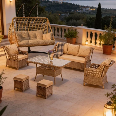 Btk Concept Datça 7 Kişilik Rattan Bahçe Mobilyası ve 2 Kişilik Rattan Salıncak Seti-