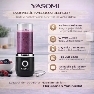Yasomi Taşınabilir Kablosuz Şarjlı Cam El Blenderi Siyah( Türkiye