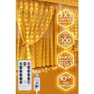 Auta Perde LED 300 LED Işık 10 Sarkıt 8 Mod Uzaktan Kumandalı 3x3 Metre Peri