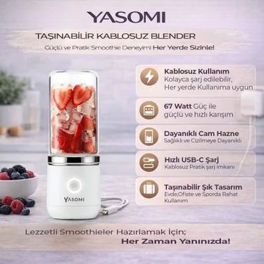 Yasomi Taşınabilir Kablosuz Şarjlı Cam El Blenderi