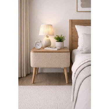 Own Home Nivo Sandıklı Komodin, Teddy Kumaş Kaplamalı Ahşap Ayaklı Modern