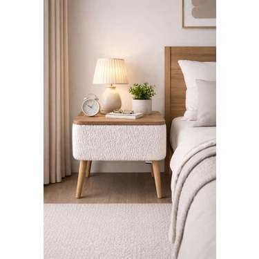 Own Home Nivo Sandıklı Komodin, Teddy Kumaş Kaplamalı Ahşap Ayaklı Modern