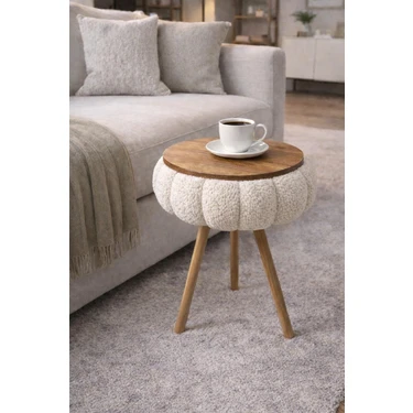 Own Home Papatya Teddy Kumaş Kaplamalı Ahşap Ayaklı Yuvarlak Zigon Sehpa , Yan