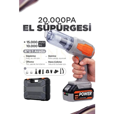 Ensiga Güçlü Vakumlu ve Üflemeli Araç Içi Süpürge 20.000PA |120W Güç -10.000MAH+15.000MAH