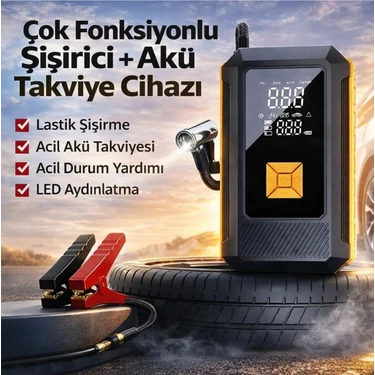Suitu 16000 Mah Çok Fonksiyonlu Akü Takviye Cihazı ve Lastik Şişirme Pompası Dijital Ekranlı LED