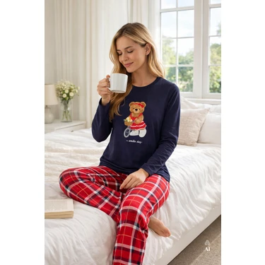Koza İç Giyim Kadın Pamuklu Ayıcık Baskılı Ekose Desenli Pijama