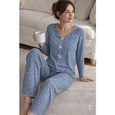 Kadın Pamuklu Çıtır Çiçek Desenli Baby Overloklu Fiyonk Detaylı Uzun Kollu Pijama