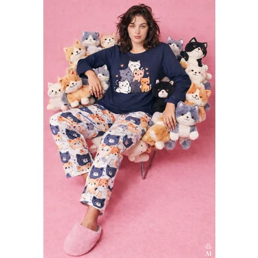Kadın Gri Pamuklu Kedili Örme Pijama