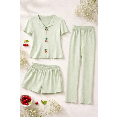 Kadın Pamuklu 3'lü Yeşil Fiyonklu Kaşkorse Pijama