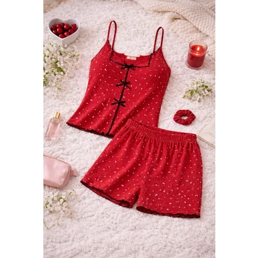 Koza İç Giyim Kadın İnce Askılı Fiyonklu Pamuklu Şortlu Pijama