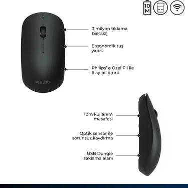 Philips SPK7315 Kablosuz Sessiz Mouse Siyah Fiyatı