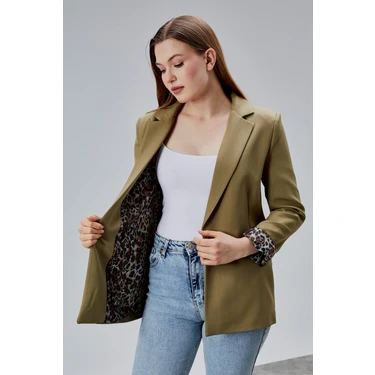 Bolivente Koyu Haki Leopar Kolu Katlama Detaylı Regular Vatkalı Blazer