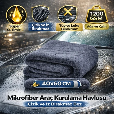 Polham 40X60CM 1200GSM Süper Su Emici Özellikli Mikrofiber Araç Kurulama Havlusu, Çizik ve Iz
