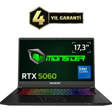 Monster Tulpar T7 V26.3.5 Intel Core 7 250H 32 GB RAM 1 TB SSD 8 GB RTX 5060 Windows 11 Home 17,3"