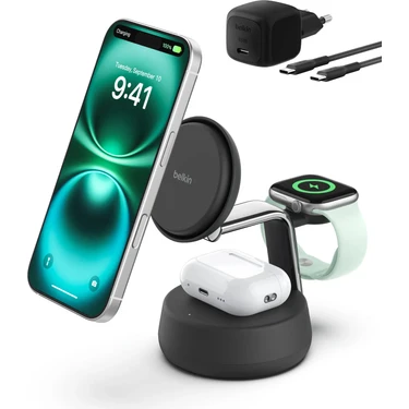 Belkin WIZ040KQCH Boostcharge Pro 3-In-1 Qi2 Magsafe Uyumlu 25W Manyetik Şarj Standı -