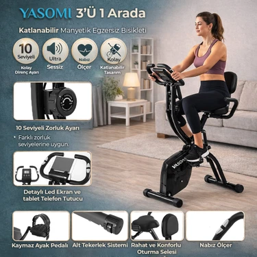 Yasomi 3ü1 Arada 10 Seviyeli Ultra Sessiz Nabız Ölçer Kolay Katlanır Manyetik Egzersiz