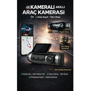 Conio 4K 4g Akıllı Araç Kamerası Dash Cam 2 Kamera, Ön Arka Kayıt, Canlı Izleme, Gps, Park Modu,